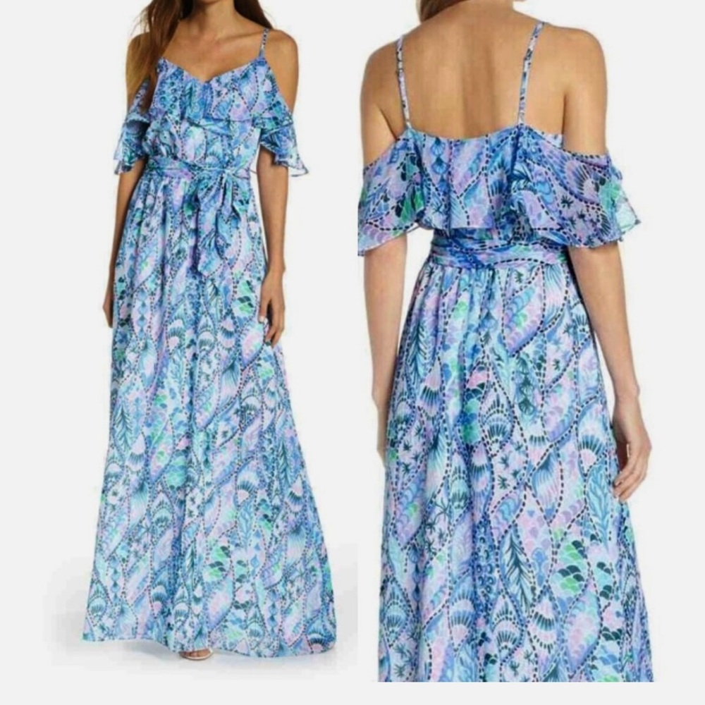 Lilly Pulitzer Blue Multi Paisley Off-Shoulder Maxi Dress - Picture 1 of 6
